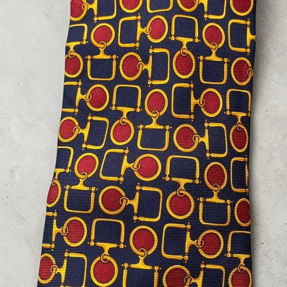 Paolo Gucci Silk Necktie Navy Red Gold Equestrian Horse Bit Geometric Classic
